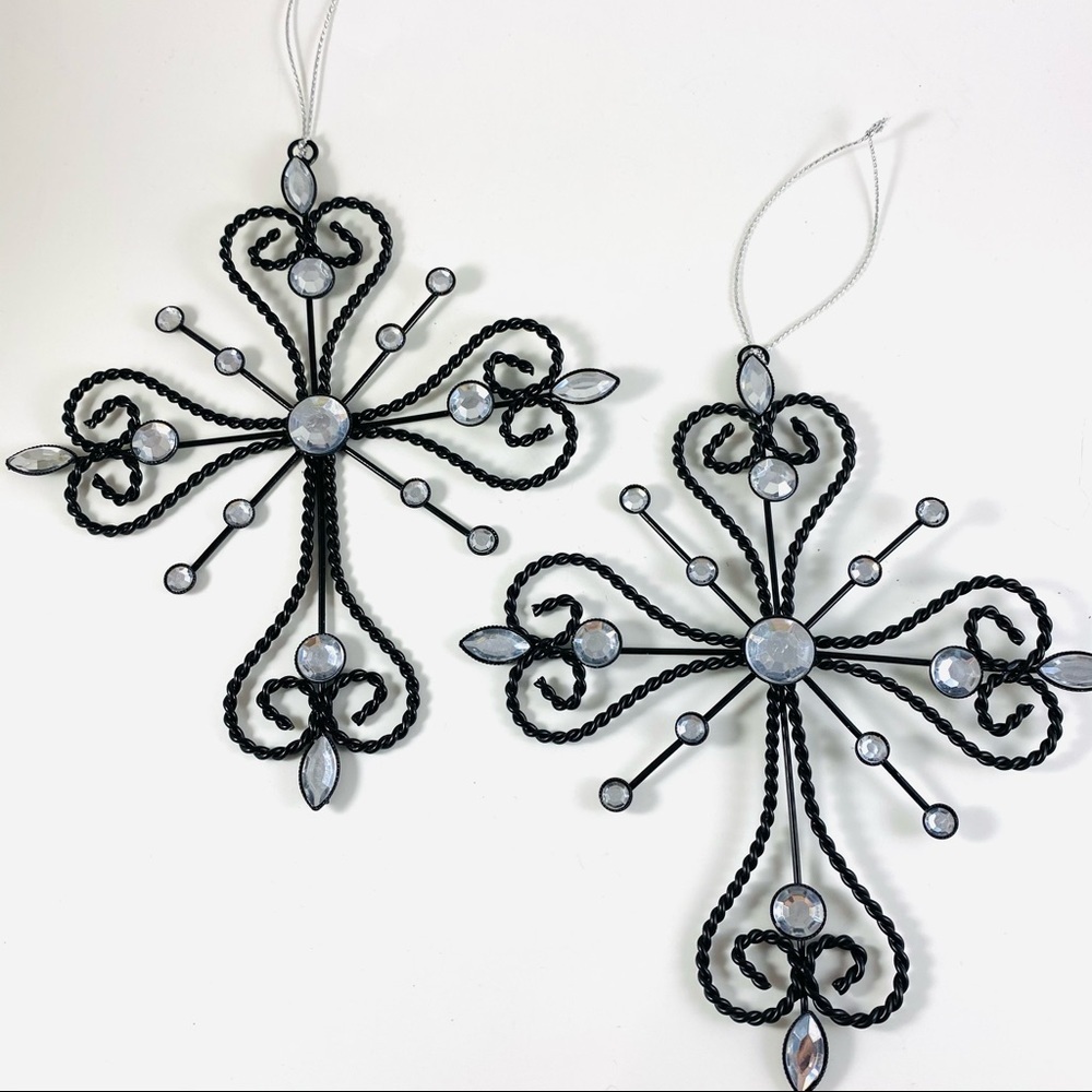 2 metal and rhinestone cross Christmas ornaments